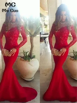 Красное выпускное платье Русалки с открытыми плечами, вечерние платья с длинными рукавами, полностью кружевные эластичные атласные вечерние платья, выпускное платье