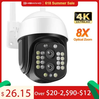 IP-камера с двойным объективом 4K 8MP, WIFI, 8-кратный зум, 2K PTZ, защита безопасности, Видеонаблюдение, Автоматическое отслеживание