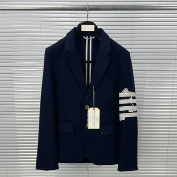 Модный Деловой блейзер бренда TB THOM, мужской британский повседневный костюм, приталенный Весенне-осенний шерстяной плащ в полоску с вышивкой облаков