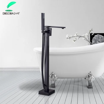 Шикарный Матово-черный Напольный смеситель для ванной комнаты с ручным душем, смесителем горячей и холодной воды, золотые напольные краны