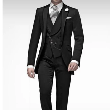 Черный Официальный свадебный смокинг для жениха, приталенные мужские костюмы из 3 предметов с двубортным жилетом, мужская модная куртка, брюки, Новинка