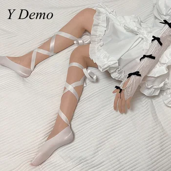 Y Demo Милые женские носки на шнуровке с ремешком ниже середины бедра, повседневные летние тонкие носки в балетном стиле