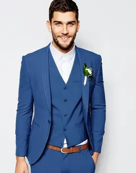 Мужские костюмы Королевского синего цвета с одной пуговицей, Модный Дизайн Пальто и брюк, Модный Блейзер, Мужской Приталенный костюм (JacketPantsHandkerchiefsVest)