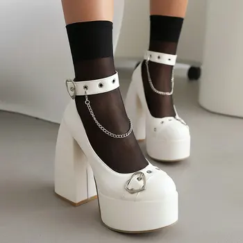 Женские туфли-лодочки на массивной платформе в готическом стиле с металлической цепочкой в виде сердца, очень высокие каблуки, платье Мэри Джейнс, косплей, панк-обувь y2k