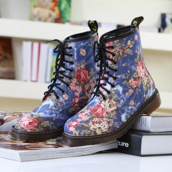 Женские ботильоны из денима с круглым носком и цветочным принтом в стиле ретро, обувь на низком массивном каблуке, Винтажная новинка 2022 года