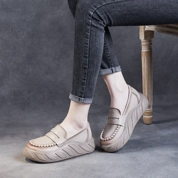 Новые женские туфли на плоской платформе, туфли-лодочки на толстом каблуке, натуральная кожа, Весенние лоферы для шитья 2023, Роскошная женская обувь на платформе