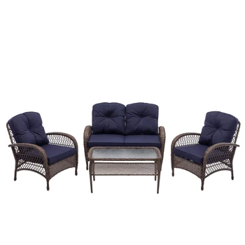 современный плетеный набор уличной мебели из 4 предметов, коричневое кресло для садовой беседы, Двуспальный диван, Односпальный диван и журнальный столик