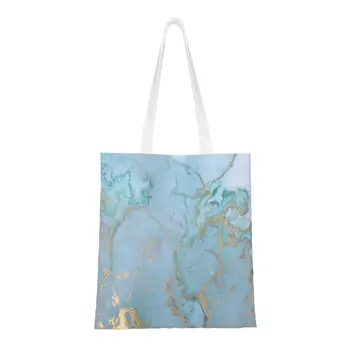 Модная сумка для покупок с мраморным рисунком, моющаяся холщовая сумка для покупок, синяя и золотая сумка