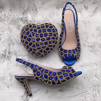 BS1566 Настраиваемые женские туфли на различных каблуках, босоножки для новобрачных, Свадебные туфли с синими золотыми стразами и подходящей сумкой