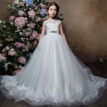 Белые элегантные платья для девочек в цветочек, кружевная аппликация, индивидуальное платье для выпускного вечера, детское бальное платье для первого причастия, бальное платье принцессы