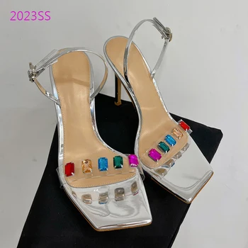 Нигерийские Африканские Сандалии, Высококачественная Женская Обувь с Разноцветными Бриллиантами, Летняя Обувь на шпильке с квадратным носком для Женщин