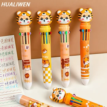 3ШТ. Милый тигр, 10-цветная шариковая ручка с милым мультфильмом, многоцветная ручка для подписи, школьные канцелярские принадлежности, канцелярские принадлежности