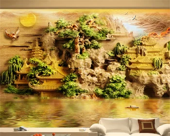 Пользовательские обои павильон Сендай резьба по нефриту, резьба по дереву, 3D фон дивана для гостиной, декоративная роспись стен, фреска behang