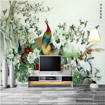 wellyu Сто птиц в направлении рисунка феникса штрихи китайский телевизор диван фон стена большая фреска на заказ зеленые обои