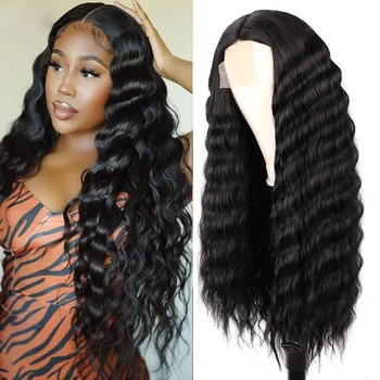 Длинный кудрявый парик длиной 24 ~ 32 дюйма, парики из синтетических волос, парики с длинными глубокими волнами для женщин, парики со свободными волнами средней части