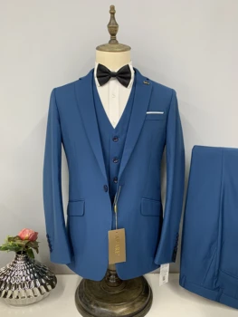 Мужской новый элитный комплект высокого класса 2023 года, синий Свободный классический однобортный комплект из трех предметов (куртка + брюки + жилет)