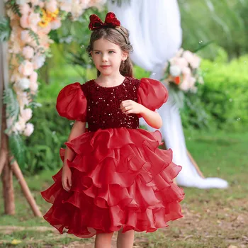 Блестящие Многоуровневые блестки Для девочек-цветочниц, Свадебное платье принцессы из органзы, Рождественское Пышное Праздничное платье с рукавами-воздушными шарами, Детское Элегантное платье Vestidos