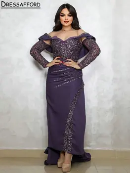 Фиолетовые вечерние платья из Дубая с длинным рукавом, расшитые бисером, Русалка, ленты с открытыми плечами, официальное вечернее платье из Саудовской Аравии