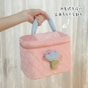 Розовая косметичка с цветочным сердечком для девочек, большая вместительная дорожная портативная сумочка, коробка для хранения туалетных принадлежностей, милая стильная женская косметичка