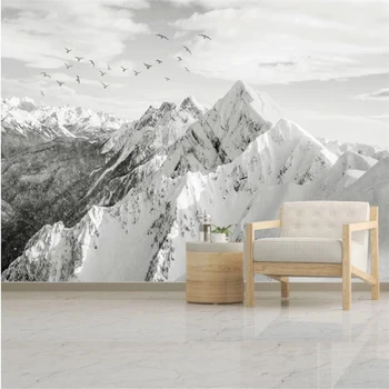 Пользовательские настенные обои 3D Черно-белые Снежные горы Горный пейзаж Фреска Обои для гостиной домашний декор Наклейки на стены