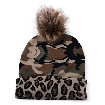 Камуфляжная Леопардовая теплая Женская шапка с помпоном, Осень-зима, Эластичность, Мужская шапка-бини в стиле хип-хоп, Лыжная кепка