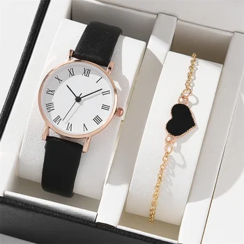 женские часы из 2 предметов, роскошные кожаные аналоговые женские кварцевые наручные часы, модные часы-браслет 2023 relogio feminino
