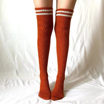 Женские полосатые гольфы до бедра, зимние теплые чулки кабельной вязки, удлиненные носки