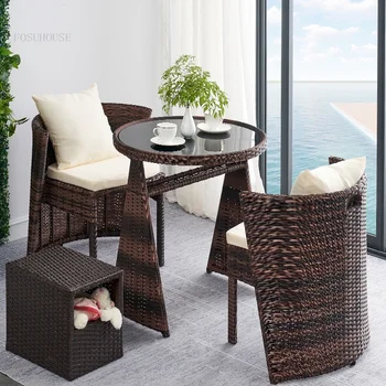 Наборы садовой мебели для балкона из ротанга, Современный Простой стул со спинкой во внутреннем дворике, Небольшая квартира, Журнальный столик для отдыха в семье