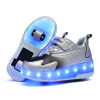 Кроссовки для мальчиков, светящиеся скейтборды, роликовые коньки с двойными колесами, Детская спортивная обувь, USB-зарядка, Повседневная обувь для девочек, обувь с подсветкой