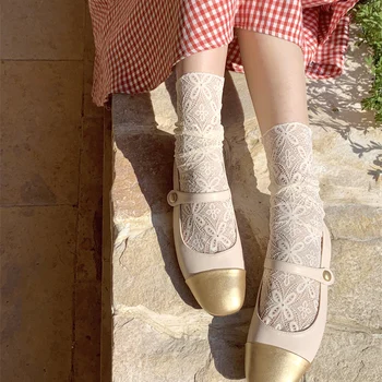 Кружевные носки в стиле Лолиты, Женские длинные тонкие тюлевые носки, Женские носки в сладкий цветок, платье, уличная одежда, Calcetine mujer