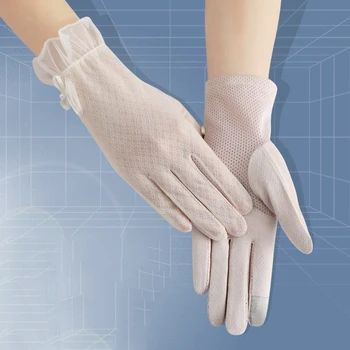 Летние женские солнцезащитные перчатки с УФ-защитой, короткие Солнцезащитные перчатки с жемчужными цветами, сексуальные перчатки из тонкого шелка льда, кружевные перчатки для вождения из вискозы с сенсорным экраном