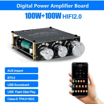 100 Вт + 100 Вт Стерео Bluetooth 5,0 Плата усилителя мощности звука HiFi2.0 Класса D TPA3116D2 с приложением Android IOS