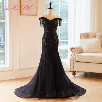 AnXin SH princess черное кружевное платье с вырезом лодочкой, расшитое бисером, хрустальная русалка, винтажное вечернее платье-труба со шнуровкой, вечернее платье со шнуровкой a line