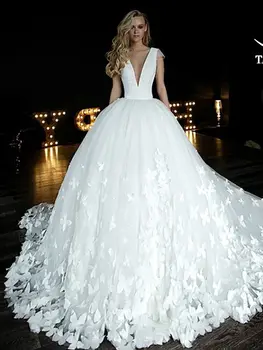 Атласное Свадебное платье с бабочкой SwanSarah 2023, Бальное платье Без рукавов С V-образным вырезом, Платье Невесты Со Шлейфом в Часовне, Плюс Размер HZ10, Vestido De Novia