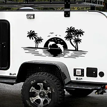 Наклейка с изображением дельфинов, плавающих в кокосовом орехе, Украшение для автомобиля, имитирующее Виниловые аксессуары для фургона-фургона, пикапа, кемпера