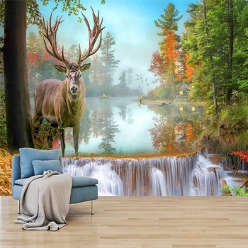 Водопад Лесной Лось Пользовательские 3D Фотообои Гостиная Диван Спальня ТВ Фон Настенная Художественная Фреска Пейзаж Papel De Parede