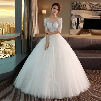 Новое Кружевное свадебное платье в стиле Бохо с круглым вырезом и короткими рукавами, с вышивкой, на шнуровке сзади, Дешевое Свадебное бальное платье