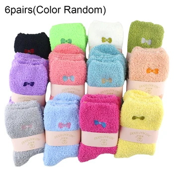 6 пар мягких махровых носков с бантом разных цветов для женщин, нескользящие зимние теплые однотонные удобные пушистые носки выше щиколотки, домашняя кровать
