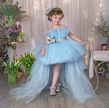 Платье с цветочным узором для девочки, Голубое детское Свадебное платье, платья для принцессы с прозрачным вырезом, платья для дня рождения, длинный съемный хвост, индивидуальное платье