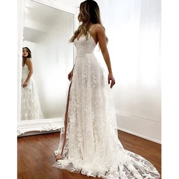 Кружевные свадебные платья в стиле бохо с разрезом сбоку для невесты 2023 с длинным шлейфом, V-образным вырезом, бретельками-спагетти, свадебные платья Vestido De Noiva