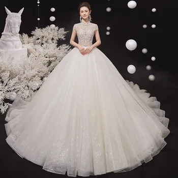 Полностью расшитое бисером, блестящее Великолепное бальное платье, Свадебное платье Vestido De Noiva Princesa, платья принцессы с высоким воротом и коротким рукавом