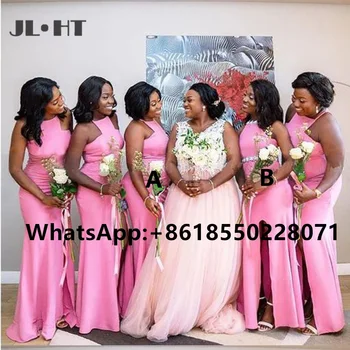 Африканская Розовая Русалка Платья подружек невесты С длинным разрезом спереди и шлейфом, Атласное Женское свадебное платье для вечеринок
