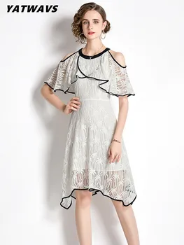Летнее женское белое кружевное платье для подиума, женская мода, оборки с открытыми плечами, Элегантные неровности с высокой талией, простые платья Femmer
