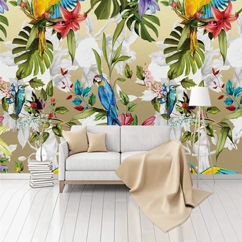Пользовательские фотообои Ручная роспись Тропический лес Банановые листья Цветы Фреска с попугаем для гостиной спальни 3D Настенное искусство