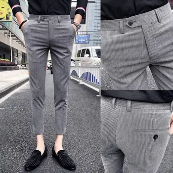 2020 Мужские приталенные узкие брюки уличного дизайна, мужские модные повседневные брюки в полоску и клетку длиной до щиколоток, костюмные брюки K192