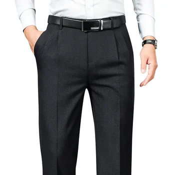 Двойные плиссированные мужские брюки, Прямые свободные осенние повседневные брюки, мужская одежда, Брюки для официальных костюмов с высокой талией 2021