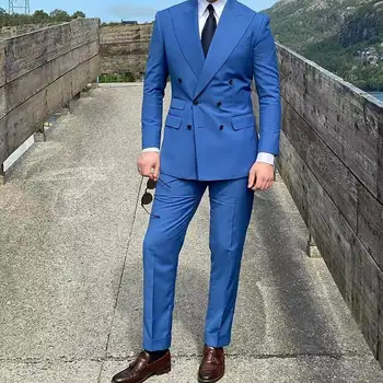 Синий Блейзер Устанавливает Тонкий Приталенный Двубортный Жених Свадебные Платья Смокинг Homme 2 шт. Элегантная Официальная Одежда (Куртка + Брюки)