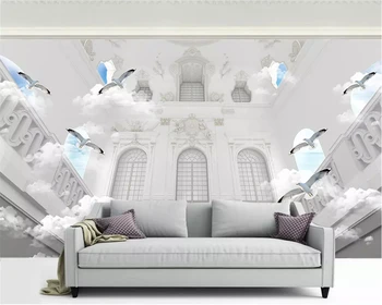 beibehang Индивидуальные современные белые элегантные европейские обои с голубым небом и белыми облаками, птицы, стереофонический рельефный фон, обои из папье-маше