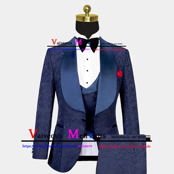 Темно-синие мужские костюмы с цветочным принтом, сшитый на заказ свадебный костюм для мужчин, приталенный мужской костюм из 3 предметов (куртка + жилет + брюки) Traje Novio