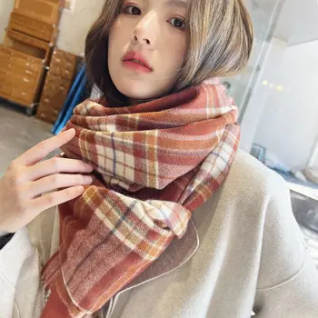 Клетчатый шарф, корейский Рождественский сладкий зимний шарф из искусственного кашемира, теплая двусторонняя шаль с принтом, нагрудник, бесплатная доставка